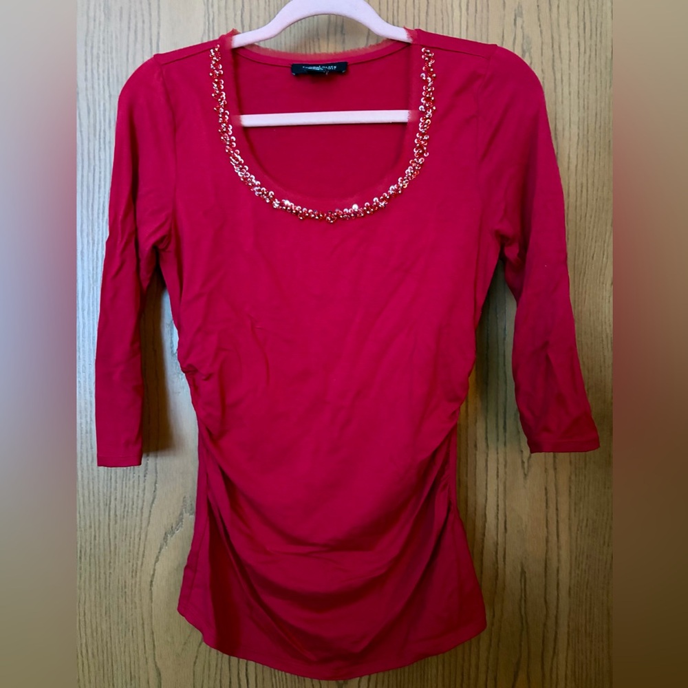 White House Black Market Red Embellished Long Sleeve Top